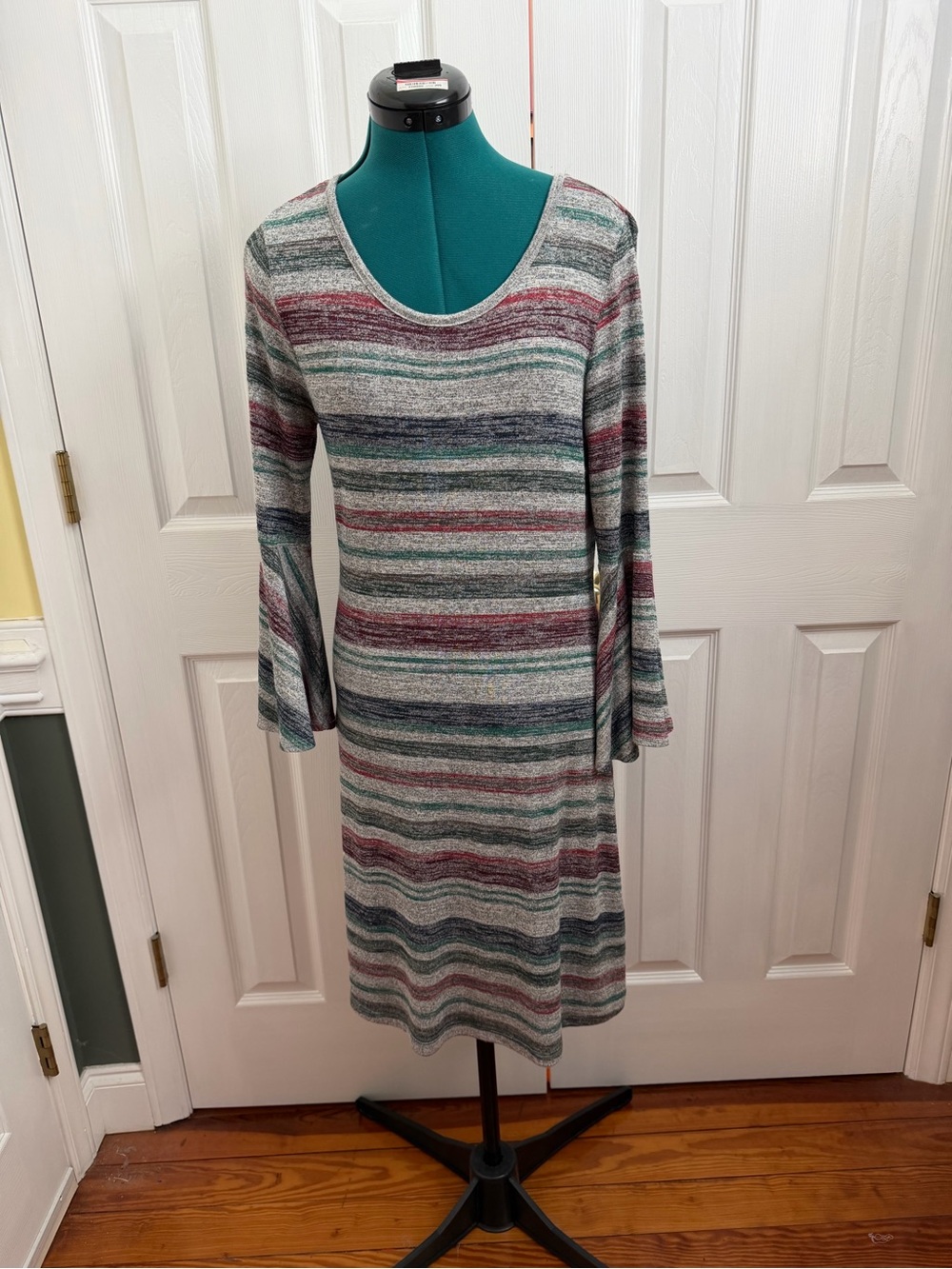 Striped Scoop Neck Knit Dress in Gray, Teal & Burgundy size Small